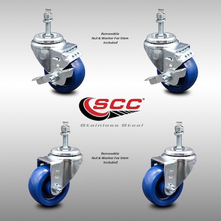 Service Caster 3.5 Inch SS Solid Polyurethane Swivel 10mm Threaded Stem Caster Brakes, 2PK SCC-SSTS20S3514-SPUS-M1015-2-TLB-2